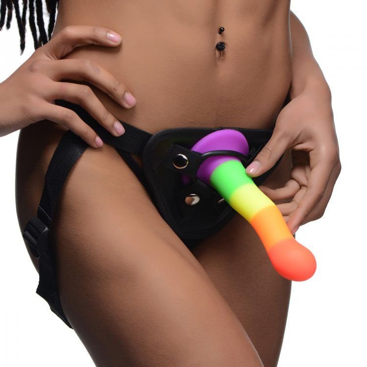 XR Proud Rainbow Silicone Dildo with Harness - Image 3